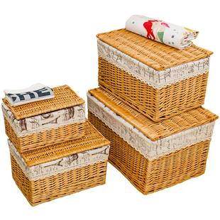 桌面收纳盒带盖藤编茶几零食收纳筐篮子真柳编衣服整理收纳箱竹编