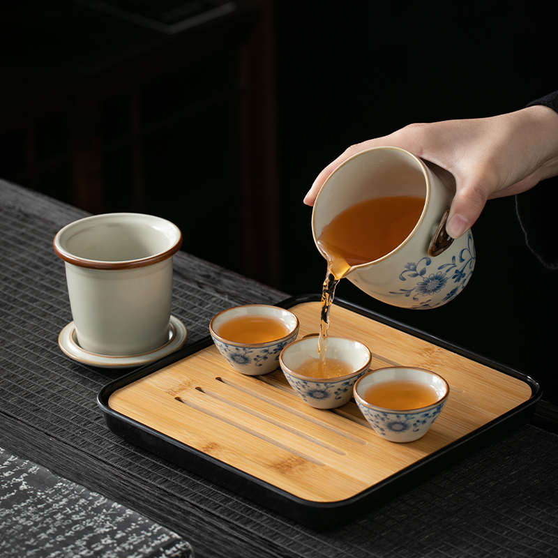 青花便携汝窑旅行茶具套装户外随身陶瓷泡茶壶茶杯简易露营快客杯