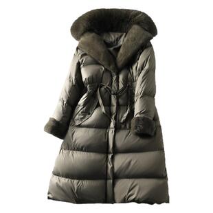 狐狸+水貂毛领高端95白鹅绒羽绒服女款 抽绳收腰女装中长款平湖冬