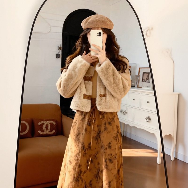 巨好看的冬装两件套小香风气质新中式盘扣毛毛短款外套半身裙套装