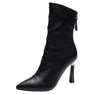 舒适软皮真皮高跟女靴2025秋冬系带细跟短靴中筒网红瘦瘦靴马丁靴