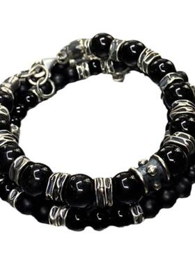 色玛瑙串珠2条手链氧化纯银男士