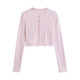 BERAN 复古可爱暗纹圆领高腰纯色薄款长袖针织衫开衫上衣短外套