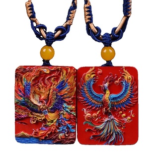 水飞砂朱砂朱砂凤凰吊坠红砂手绘彩绘凤凰涅槃方牌祥云挂件