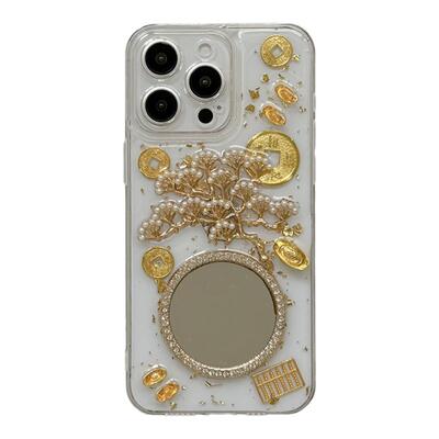 滴胶金箔摇钱树镜面适用苹果15手机壳iPhone16ProMax新款15pro防摔13女款小众12硅胶14pro奢华高级感全包软壳