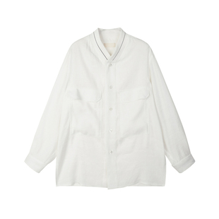 速写outlets奥莱男装春秋折扣新款衬衣立领长袖白色衬衫亚麻混纺