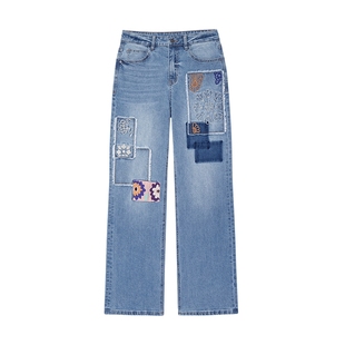 Desigual大西瓜【博主同款】拼布刺绣直筒女士牛仔裤