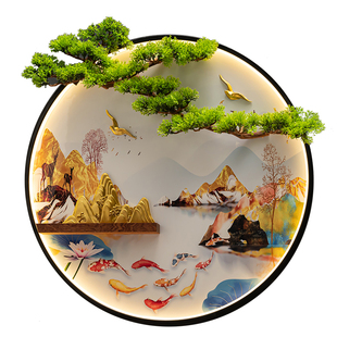 新中式装饰画带灯玄关客厅沙发背景墙上立体仿真植物圆形山水挂画