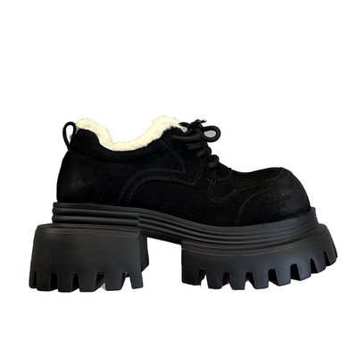 黑色磨砂皮德比鞋女加绒乐福鞋