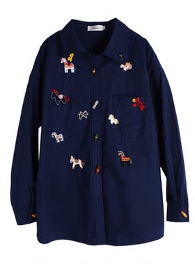 春季重工刺绣小马白色衬衫宽松