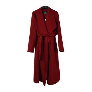 红色手工大翻领结婚双面呢羊毛大衣女设计感中长款系带毛呢外套冬