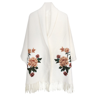 貂绒旗袍披肩外搭女春秋民族风妈妈红色礼服带袖斗篷羊绒披风外套