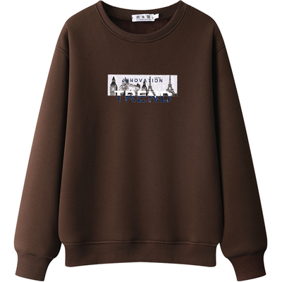 正肩春秋卫衣女士圆领2025新款无帽加绒秋冬大码咖色纯棉薄款长袖