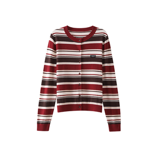 OSA欧莎复古安可拉红条纹针织开衫女2025早秋新款氛围感穿搭上衣