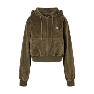 RestandRecreation官方2025新款RR短款刺绣logo丝绒连帽卫衣外套