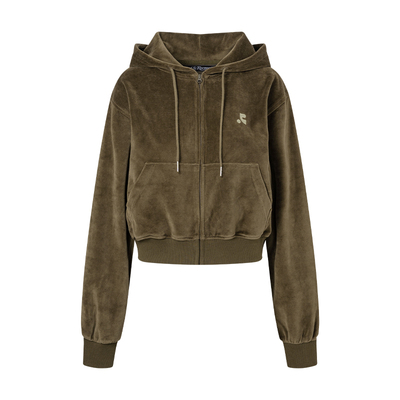 RR短款刺绣logo丝绒连帽卫衣外套