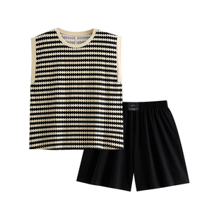 悦内带胸垫一体睡衣女款夏季纯棉无袖背心短裤家居服夏款条纹套装