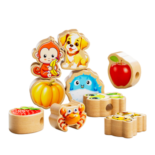 实木串珠积木玩具婴儿童1到3岁宝宝穿线绳穿珠子蒙氏早教益智教具