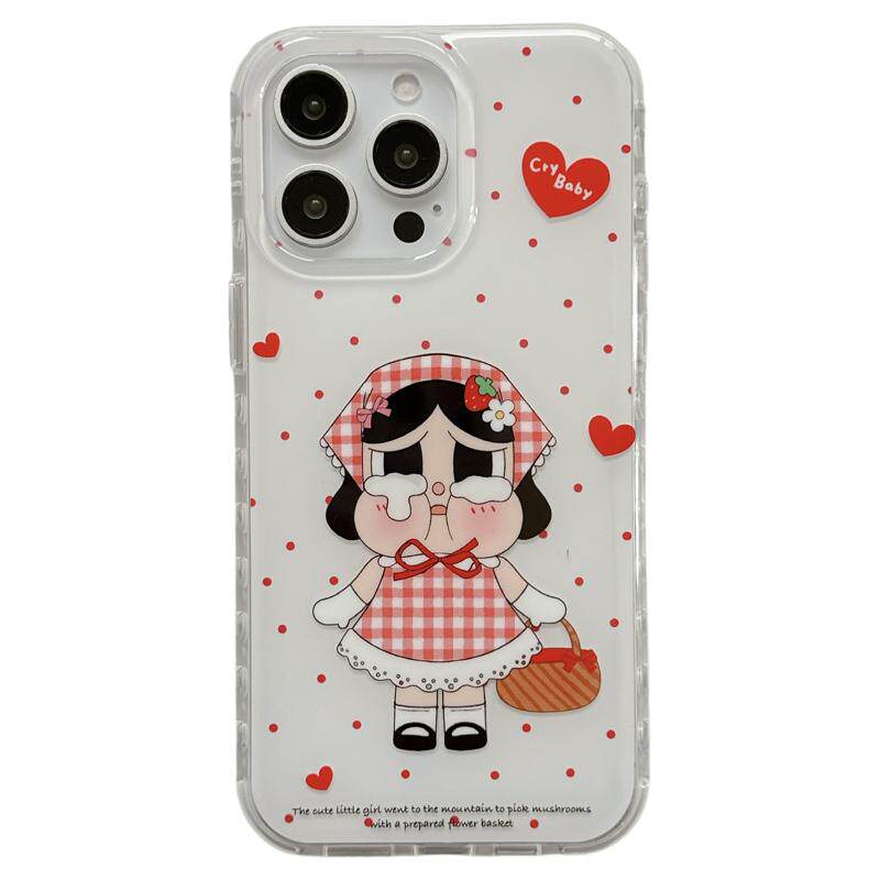 jze 可爱红波点裙子哭娃卡通适用苹果17ProMax手机壳iphone15新款16pro女小众13带链条15pro双层14防摔保护套