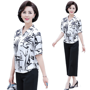 中年妈妈夏装气质雪纺短袖T恤套装母亲节中老年女上衣衬衫两件套