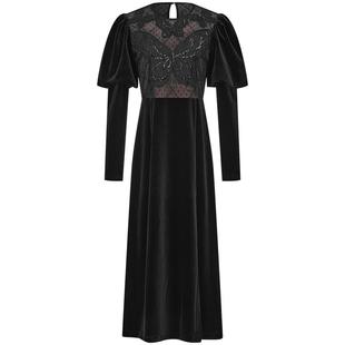 曼德诗圆领收腰连衣裙2025秋季新品蕾丝刺绣提花金丝绒黑色长裙