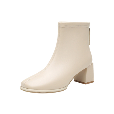 大东官方正品白色粗跟高跟短靴