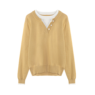 LAGOGO阳光叠领黄色毛衣女拉谷谷2025年冬季新款假两件打底针织衫
