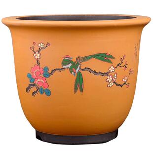 宜兴精品紫砂花盆粉浆刻绘大小圆形盆景盆栽绿植兰花盆金玉满堂