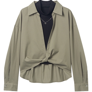 衣香丽影2026年春装新款黑色针织背心扭结衬衫两件套女设计感上衣