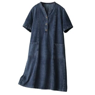 2025夏装新款大码女装短袖牛仔连衣裙时尚V领三粒扣遮肉显瘦长裙