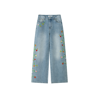 CLIMAX VISION花卉蔓藤刺绣珍珠宽松廓形直筒水洗牛仔裤女款长裤