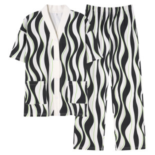 Huggy Kissy女夏季纯棉条纹睡衣V领短袖长裤宽松家居服套装可外穿