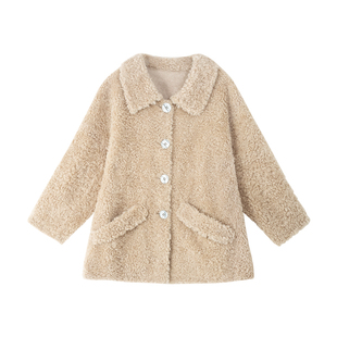 羊羔毛外套女颗粒绒加厚小个子中长款皮毛一体卡其翻领加厚保暖冬