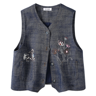 别致刺绣新中式牛仔马甲外套女春季新款宽松复古时尚叠穿坎肩马夹