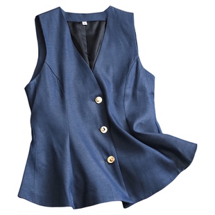 纯色复古V领显瘦无袖背心马夹可配一整套阔腿长裤女三件套装C906