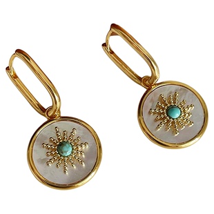 小众复古气质轻奢圆形太阳花母贝耳环女镀金绿松石耳饰显脸小耳扣