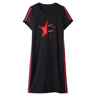 纷彩鲨鱼欧洲站黑色连衣裙女春夏季2026新款短袖圆领休闲T恤裙A字