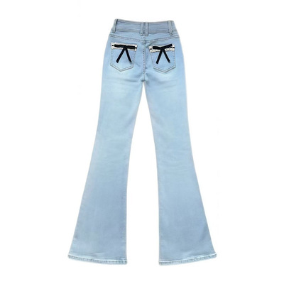 纯欲风少女蝴蝶蕾丝微喇牛仔裤女