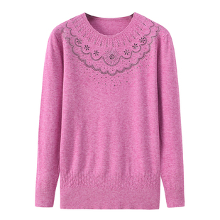 春秋新款中老年女装毛线衣中年妈妈装套头圆领纯色薄款针织衫上衣