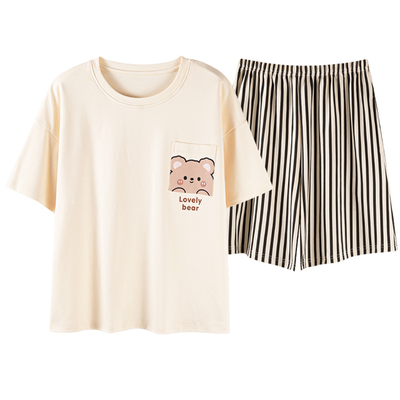 带胸垫纯棉新款睡衣女士夏季短袖可爱两件套装可外穿防凸点家居服