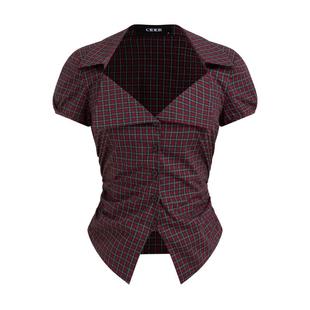 【明星同款】CIDER 全棉小衫短袖格纹V领小蛮腰衬衫114976419