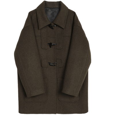 洛边复古风牛角扣毛呢外套