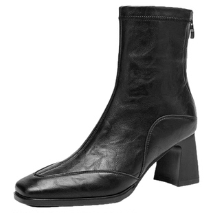 星期六黑色增高跟小短靴子2025新款女款瘦瘦女靴皮靴早秋冬季加绒