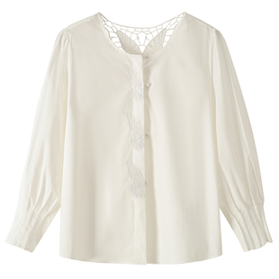 法式优雅端丽风镂空蝴蝶刺绣高级感胖莹莹大码女装白色长袖衬衫