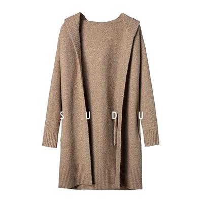 素都连帽中长款针织衫通勤外套女
