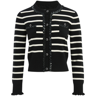 [商场同款]LANDI黑白条纹绵羊毛珠片花边长袖针织衫女2025春新品