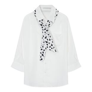 飘蕾碎花领带白色衬衫女夏季新款通勤时尚气质职场中袖衬衣