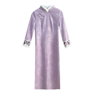 幽兰【自制款】紫色显白加绒加厚大码胖mm旗袍连衣裙绝美刺绣冬季