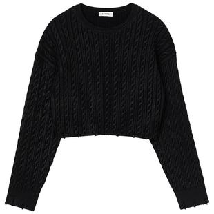 SANDRO Outlets秋冬女装法式复古羊毛混纺黑色圆领短款针织毛衣