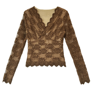 加绒网纱打底衫女秋冬欧货性感V领蕾丝T恤女长袖紧身内搭洋气上衣